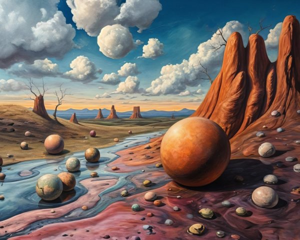 Surreal Landscape with Reddish Rocks and Colorful Spheres