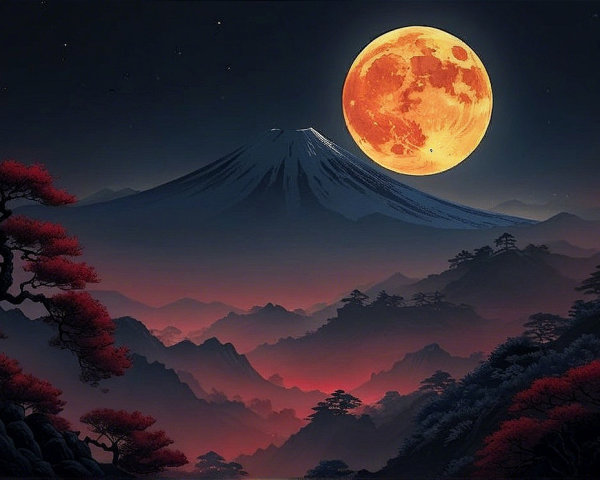 Majestic Mountain Under Full Moon and Starry Sky