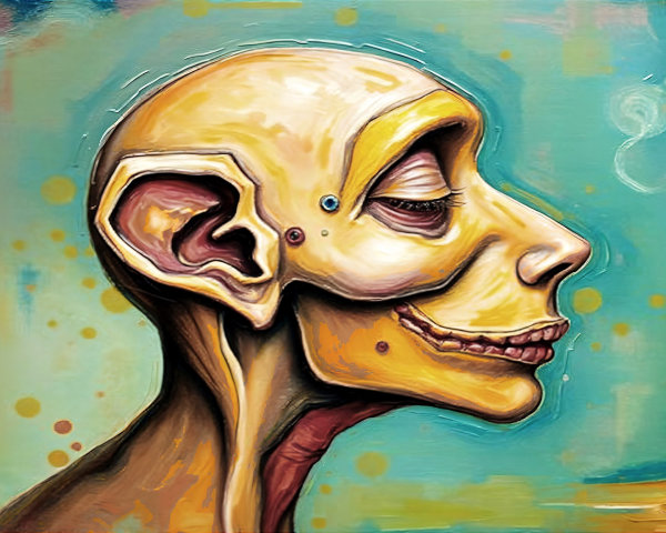 Surreal Humanoid Figure with Yellow Skull and Vibrant Background