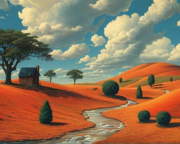 Vibrant Landscape with Hills, Stream, and Quaint House