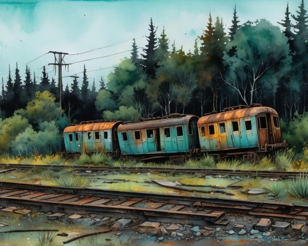 Abandoned Train Surrounded by Overgrown Greenery
