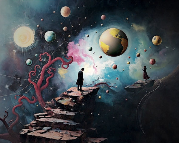 Surreal Painting of Astrological Scene with Celestial Bodies