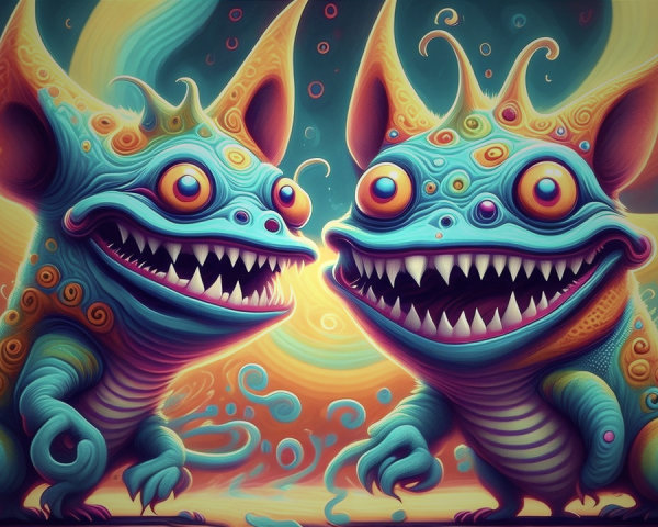 Whimsical Blue Creatures in a Colorful Background