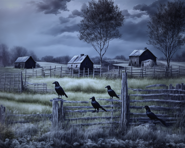 Twilight Rural Landscape with Barns and Crows