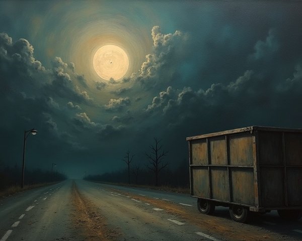 Desolate road under full moon with weathered cart