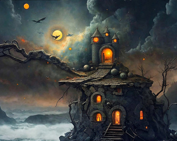Surreal Landscape with Whimsical Castle and Moonlight
