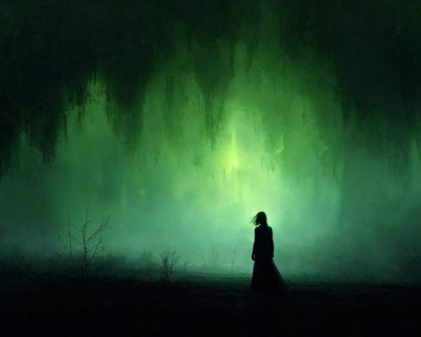 Solitary Figure in Mysterious Green Light Landscape