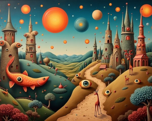 Whimsical Landscape with Colorful Castles and Animals