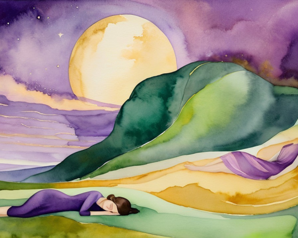 Watercolor Scene of Women on Colorful Hills at Night