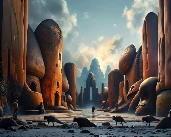 Surreal Landscape with Organic Structures and Mountains