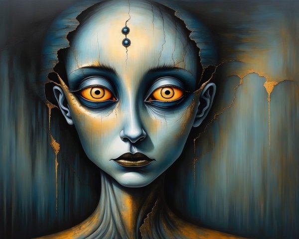 Humanoid Figure with Elongated Neck and Golden Eyes