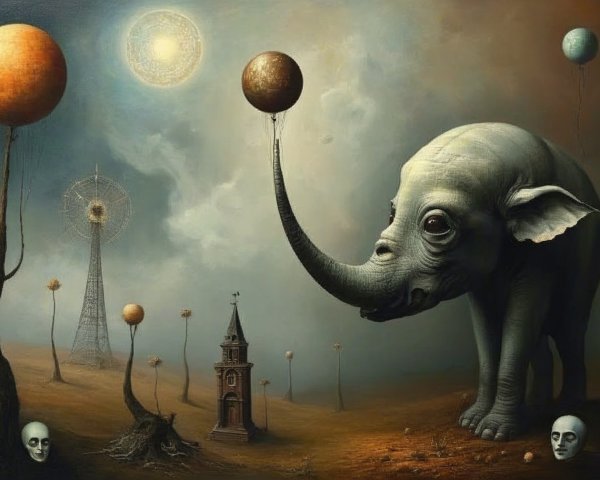 Surreal Landscape with Elephant and Celestial Bodies