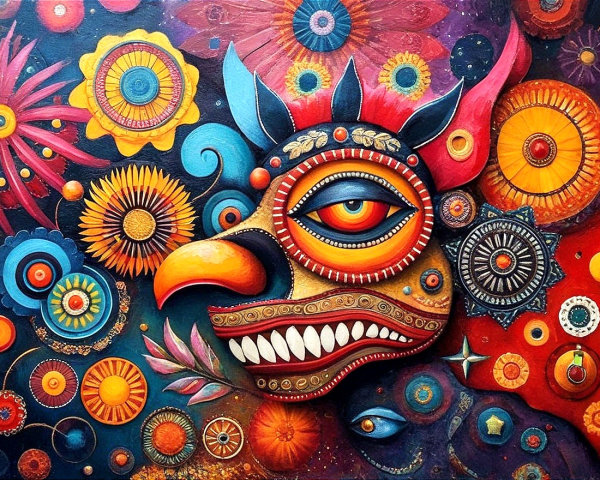 Vibrant Mask Artwork with Floral and Circular Patterns