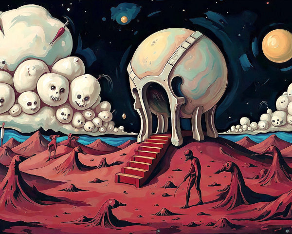Surreal Painting of Alien Landscape with Humanoid Figures