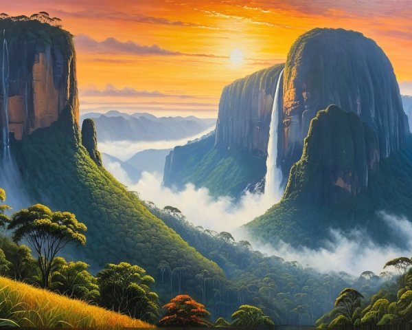 Majestic Mountain Landscape with Waterfalls and Sunlight