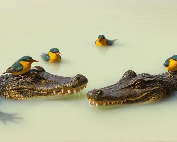 Crocodiles with Kingfishers in Serene Water Scene