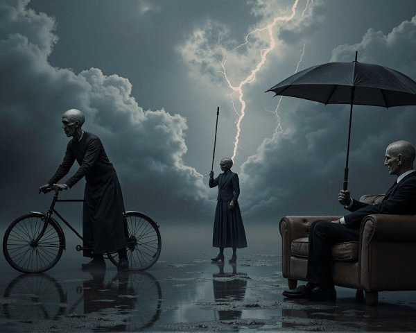 Surreal Landscape with Three Distinct Figures