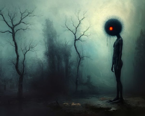 Eerie Landscape with Humanoid Figure and Fog