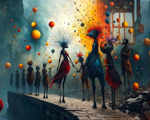 Surreal Landscape with Whimsical Figures and Balloons