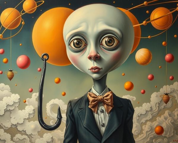 Stylized Alien Figure in Formal Suit with Surreal Background