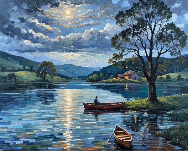 Serene Dusk Landscape with Lake and Boats