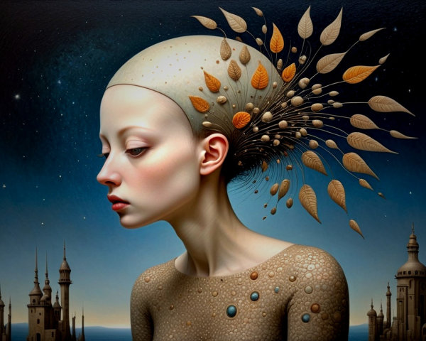 Surreal Portrait of a Young Woman with Autumn Leaves