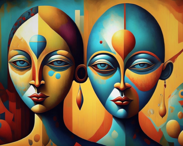 Abstract Figures with Symmetrical Faces and Vivid Colors