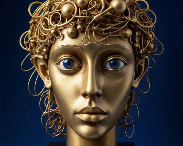 Gold-Hued Sculpture with Metallic Hair and Blue Eyes