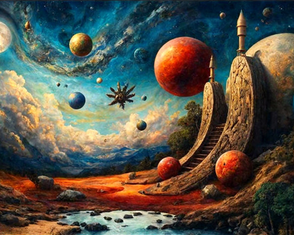 Surreal Landscape with Celestial Bodies and Structures