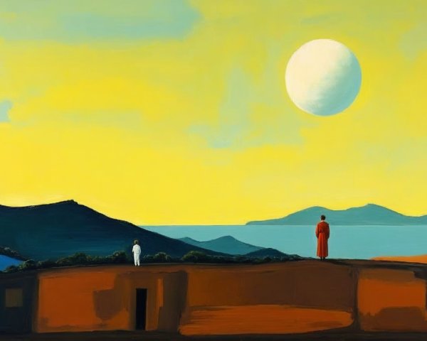 Two Figures on Rocky Outcrop Overlooking Landscape