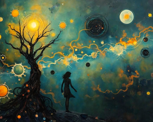 Silhouetted Figure Overlooking Cosmic Landscape