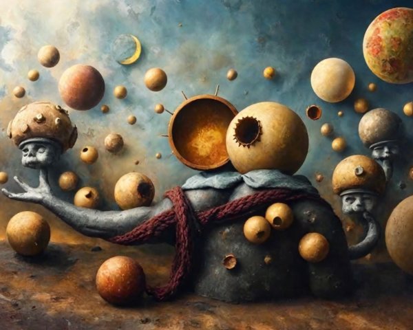 Surreal Landscape with Textured Figure and Celestial Elements