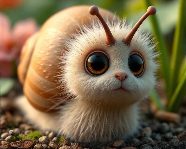 Whimsical Furry Snail in a Vibrant Garden Setting