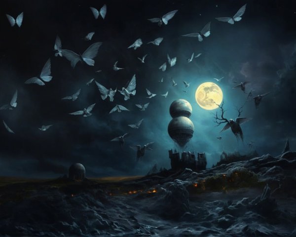 Mystical Night Scene with Moonlit Castle and Moths