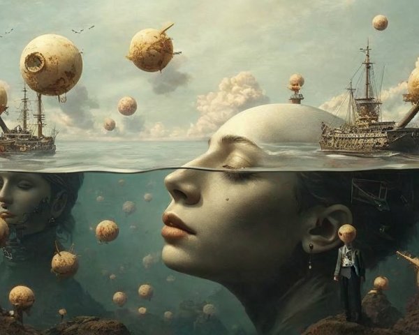 Surreal Underwater Scene with Floating Spheres and Ships