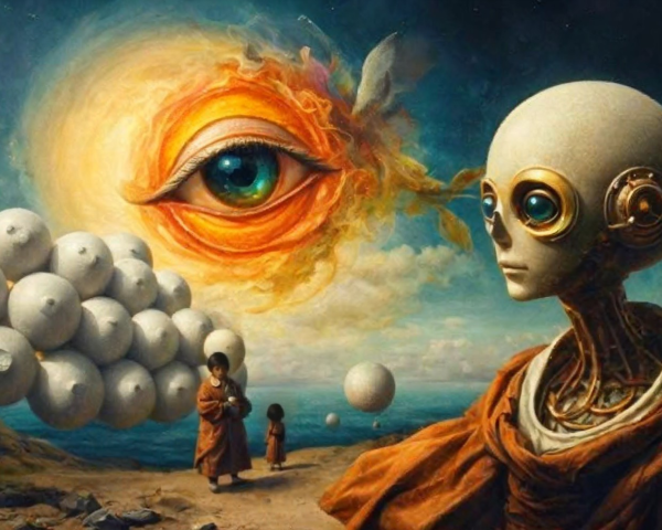 Surreal landscape with humanoid figure and fiery eye