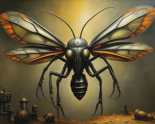 Futuristic Mechanized Bee in Post-Apocalyptic Landscape