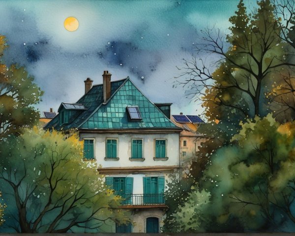 Charming House with Teal Roof Surrounded by Trees