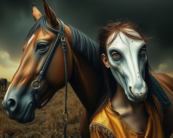 Surreal Landscape with Horse-Masked Figure and Horse