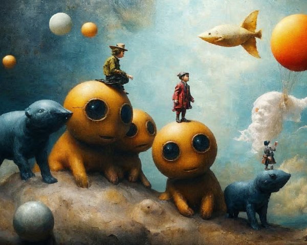 Whimsical Creatures in a Surreal Colorful Landscape