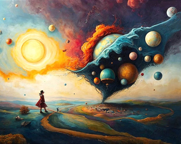 Surreal Landscape with Figure and Cosmic Elements