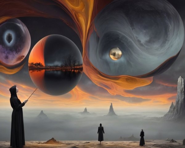 Surreal Landscape with Cloaked Figures and Celestial Orbs