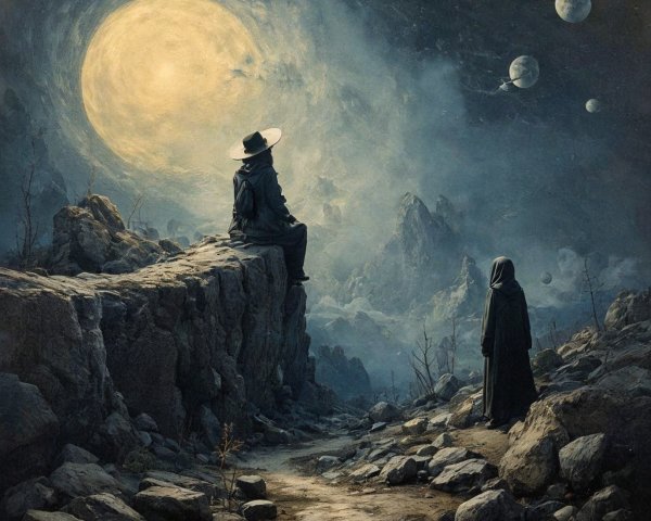Surreal Landscape with Figures and Cosmic Elements