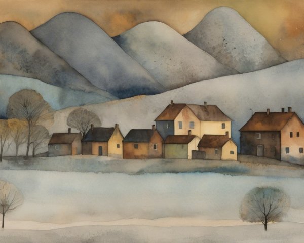 Serene Landscape with Quaint Houses and Rolling Hills