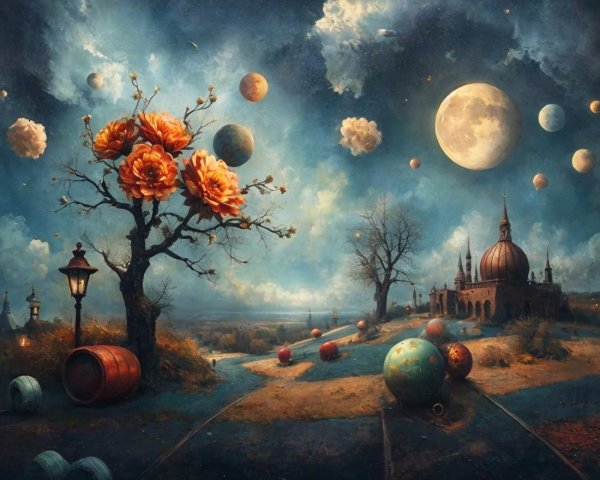 Surreal Landscape with Vibrant Tree and Floating Planets