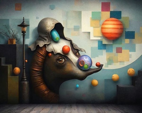 Surreal Head with Hood and Colorful Orbiting Spheres