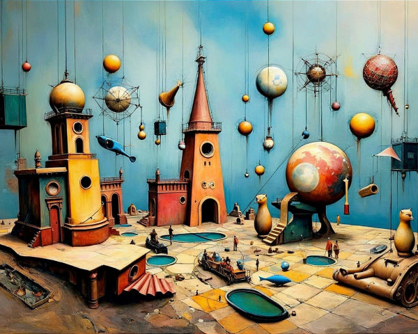 Surreal Landscape with Whimsical Architecture and Animals