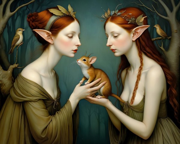 Ethereal Elf-like Women in a Mystical Forest Scene