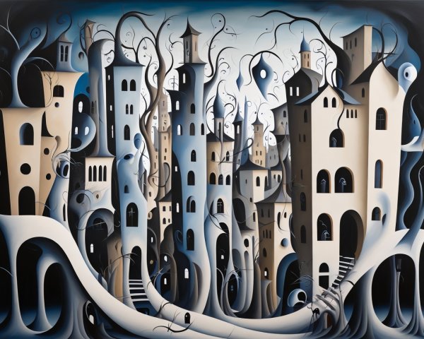 Surreal Cityscape with Abstract Buildings and Branches