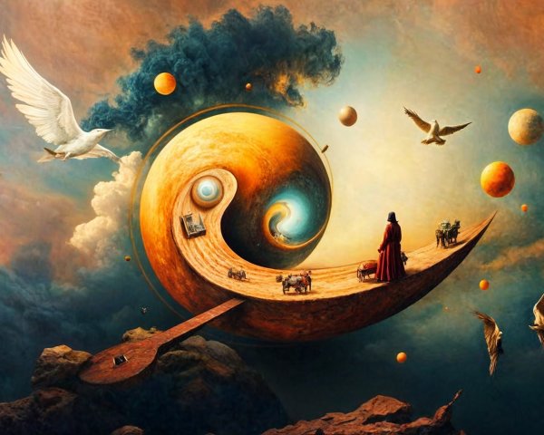 Surreal Landscape with Cosmic Yin-Yang Symbol